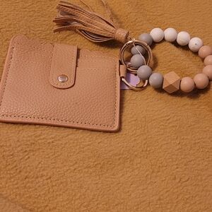 Tan Leather Card Holder with Beaded Keychain